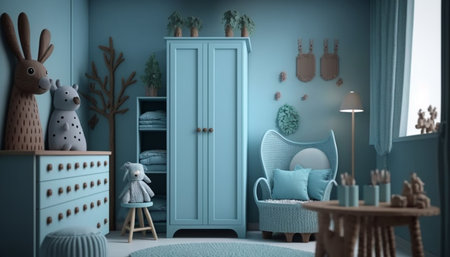 Cozy light blue nursery with natural wooden furnitureの素材