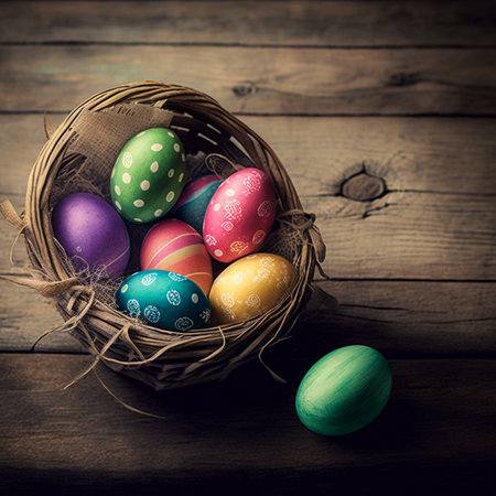 Happy easter, Easter painted eggs in the basket on wooden rustic table for your greeting in holiday. copy spaceの素材