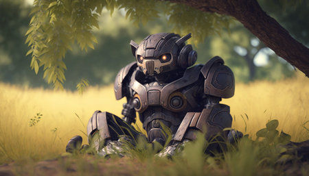A small robot sitting under a treeの素材