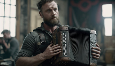 Holding an accordion to be playedの素材