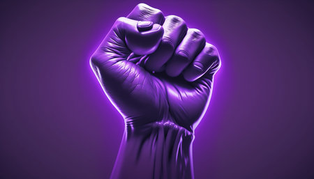Raised purple fist of a woman for international womensの素材
