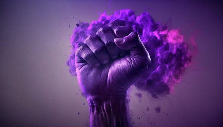 Raised purple fist of a woman for international womensの素材