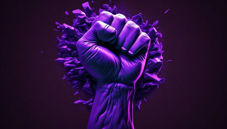 Raised purple fist of a woman for international womensの素材