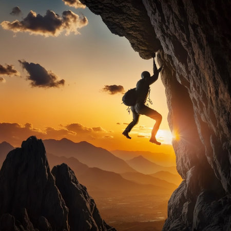 Man climbs up mountainの素材