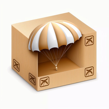 3D Cardboard box with parachute. Fast delivery concept. Parcel airdropの素材
