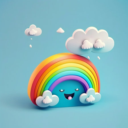 3D Rainbow with clouds. Summertime object. Rainbow emoji. Pride month emoticon. Weather symbolの素材