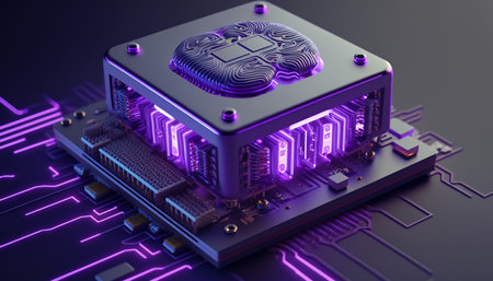 Glowing purple brain circuit on microchip on computerの素材