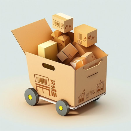 3D Shopping cart with cardboard boxes. Fast delivery concept service to door of the house. Ordering parcel from storeの素材