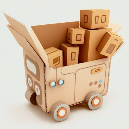 3D Shopping cart with cardboard boxes. Fast delivery concept service to door of the house. Ordering parcel from storeの素材