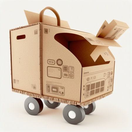 3D Shopping cart with cardboard boxes. Fast delivery concept service to door of the house. Ordering parcel from storeの素材