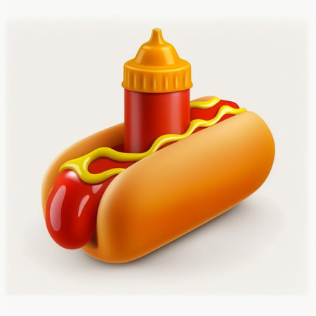 3D Hot dog with ketchup and mustard bottle sauce. American street fastfoodの素材