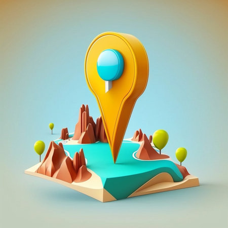 3D Map location with point marker. Isometric landscape with tree and cloud. Yellow navigation pinの素材