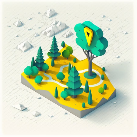 3D Map location with point marker. Isometric landscape with tree and cloud. Yellow navigation pinの素材