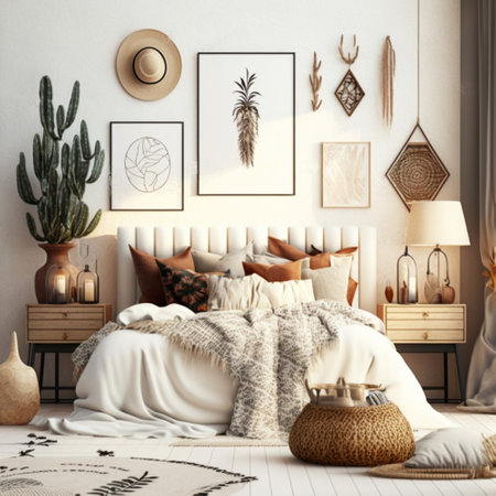 wall gallery mockup in cozy bedroomの素材