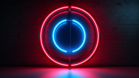 Modern red round sign with blue neon light bulb isolaの素材