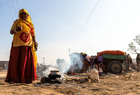 a man goes with his camel and goat at pushkar camel festival.