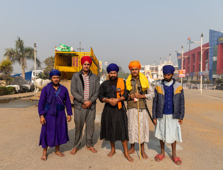 a group of nihang sikh at portrait site.they are protesting against new faram laws in india.のeditorial素材