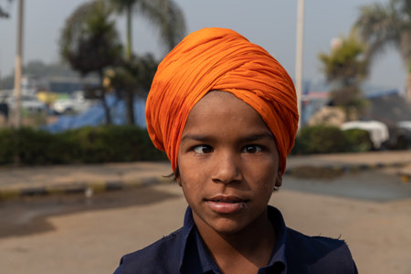portrait of a boy at farmers protest in singhu border.のeditorial素材