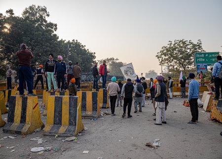 a group of farmers protesting against new farm law passed by indian government at delhi haryana border.のeditorial素材