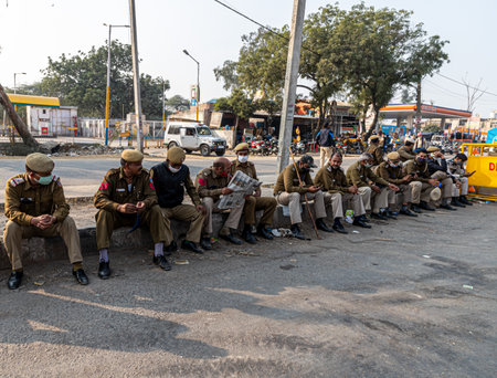 delhi police at delhi border during the farmers protest.farmers are protesting against new farm law.