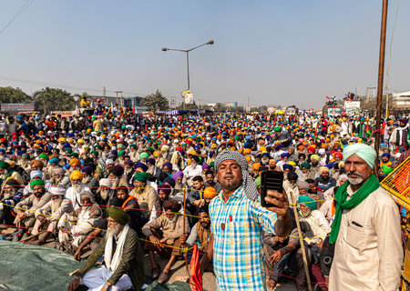 farmers are protesting at delhi border against the new farm law.のeditorial素材