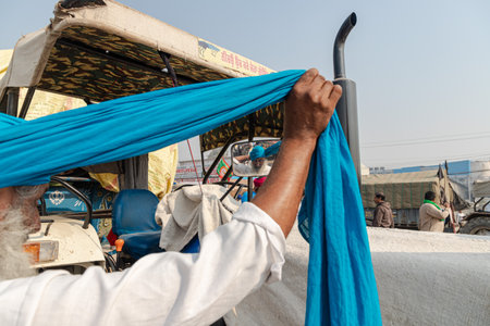 portrait of a indian farmer at delhi border,they are protesting against new farm law passed by indian government.のeditorial素材