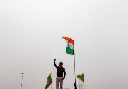 a vintage tractor during the farmers protest at singhu border.のeditorial素材