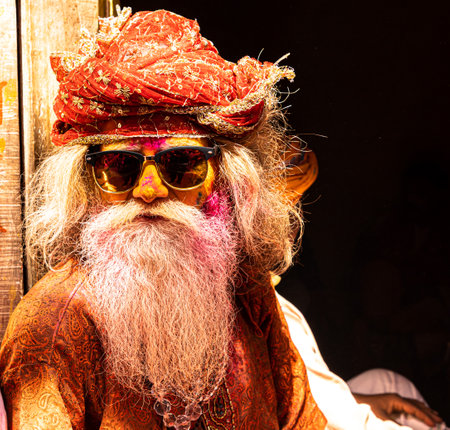 people celebrating holi at barsana on holi festival,with selective focus on subject and added noise...