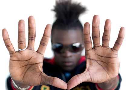 An african american man gestring with his handsの写真素材