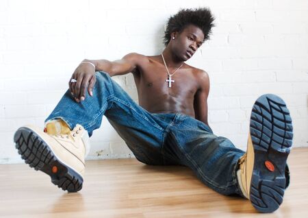 A troubled african american man in distress の写真素材