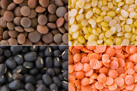 Collage of the four essential lentils used in Indian cookingの写真素材