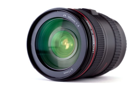 Close-up and isolated shot of a SLR camera lens. 24-105mm