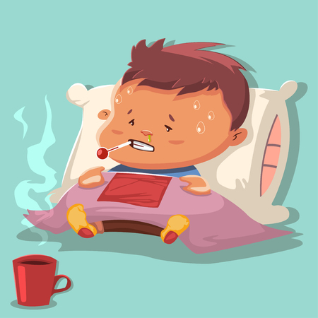 Flu cartoon vector illustration with a sick child character on a pillow and covered with a blanket, with runny nose and a thermometer in the mouth with a high fever and hot chicken broth in a mug.のイラスト素材