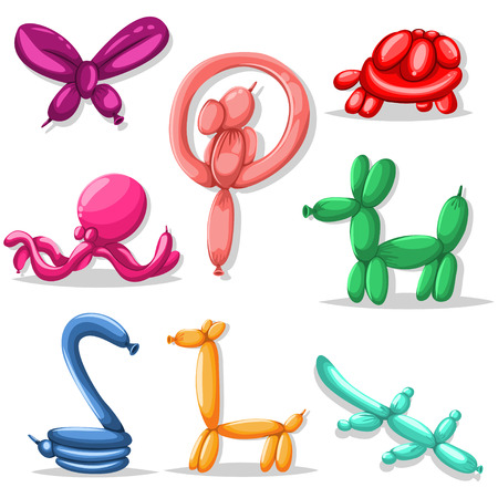 Balloon animals set: dog, giraffe, snake, parrot, butterfly, alligator, turtle and octopus. Vector cartoon icons for holidays, birthdays and party isolated on white background.のイラスト素材