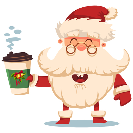 Happy Santa Claus with paper coffee cup. Vector Christmas cartoon illustration isolated on white background.のイラスト素材