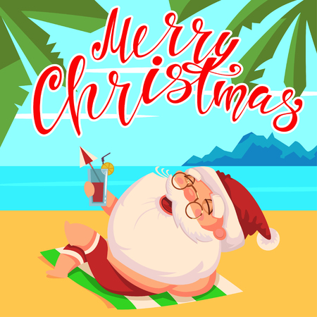 Summer Santa Claus in shorts and with a cocktail in his hand lies on the beach. Vector cute cartoon character. Happy Christmas hand draw text.のイラスト素材