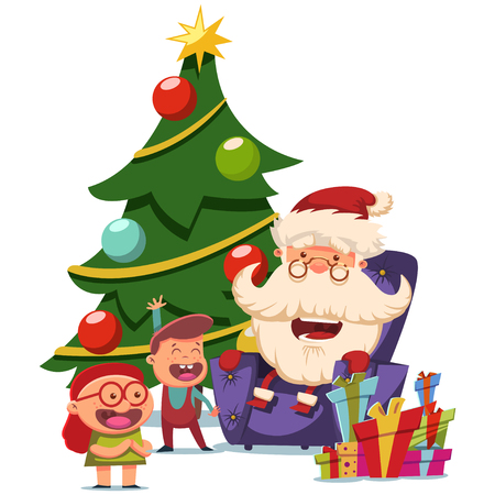Cute Santa Claus sits in an armchair with children near Christmas tree. Vector cartoon illustration isolated on white background.のイラスト素材