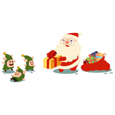 Santa Claus with gifts and cute elves. Vector cartoon character isolated on a white background.のイラスト素材