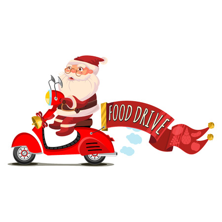 Santa Claus on a scooter with a red banner and the text "Food drive."のイラスト素材