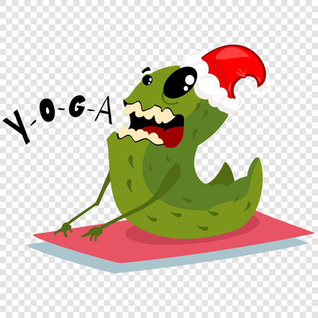 Cartoon Christmas monster in red Santa hat is engaged yoga. Vector illustration isolated on a transparent background.のイラスト素材