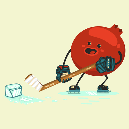 Cute Garnet cartoon characters to play hockey with a piece of ice. Eating healthy and fitness. Flat retro style illustration concept.のイラスト素材
