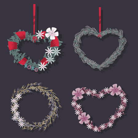 St. Valentine's Day floral wreaths set in the shape of heart and circle. Vector cartoon design elements for holidays, weddings, invitations, birthdays, etc.のイラスト素材