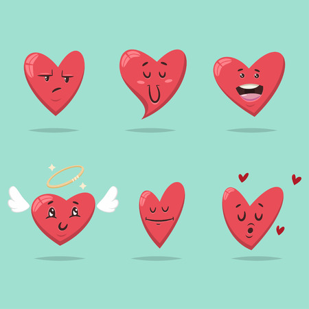 Funny heart with different face expressions and emotions. Vector cartoon cute characters set for Valentine's day isolated on background.のイラスト素材