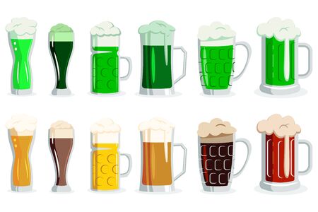 Beer and green ale in glasses of different types. Vector cartoon icons of alcoholic drink in cups and mugs isolated on white background.のイラスト素材