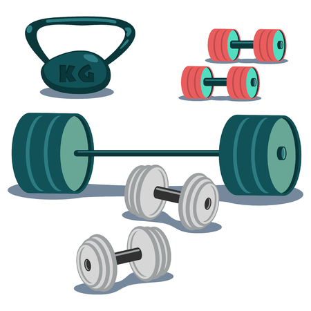 Dumbbells, weight and barbell icons set. Cartoon vector illustration isolated on white background.のイラスト素材