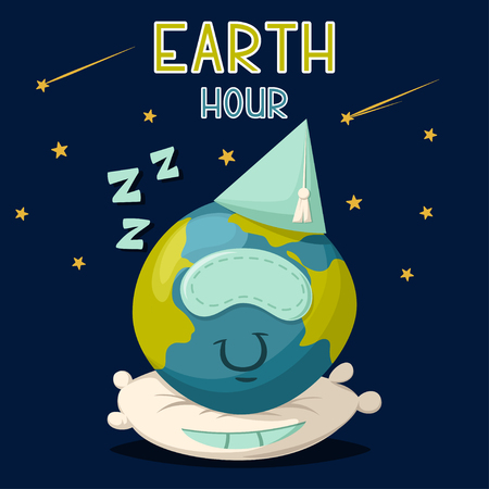 Earth hour vector cartoon poster. Illustration cute planet sleeps on a pillow on the space background with stars.のイラスト素材
