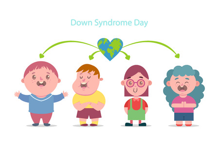 Down Syndrome Day. Vector cartoon flat illustration of children with disabilities. Character boys and girls isolated on white background.のイラスト素材