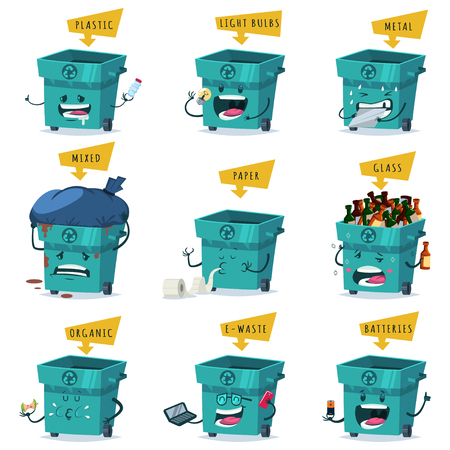 Sorting, recycling and waste disposal and trash Vector cartoon character set of a cute and funny garbage can with different emotions which eats rubbish isolated on white background.のイラスト素材