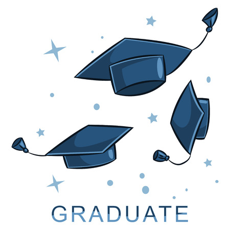 Graduate cap in the air. Vector cartoon illustration of hats in different positions isolated on white background.のイラスト素材