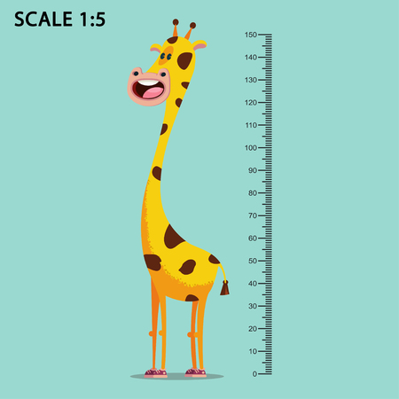 Kids meter wall with a cute smiling cartoon giraffe and measuring ruler. Vector illustration of an animal isolated on a blue background.のイラスト素材